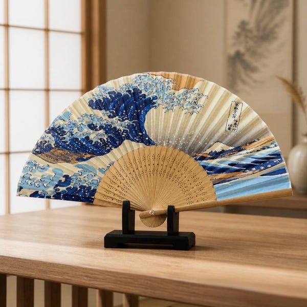 Abanico plegable 100% seda – Diseño de olas japonesas, varillas de bambú, Sensu hecho a mano