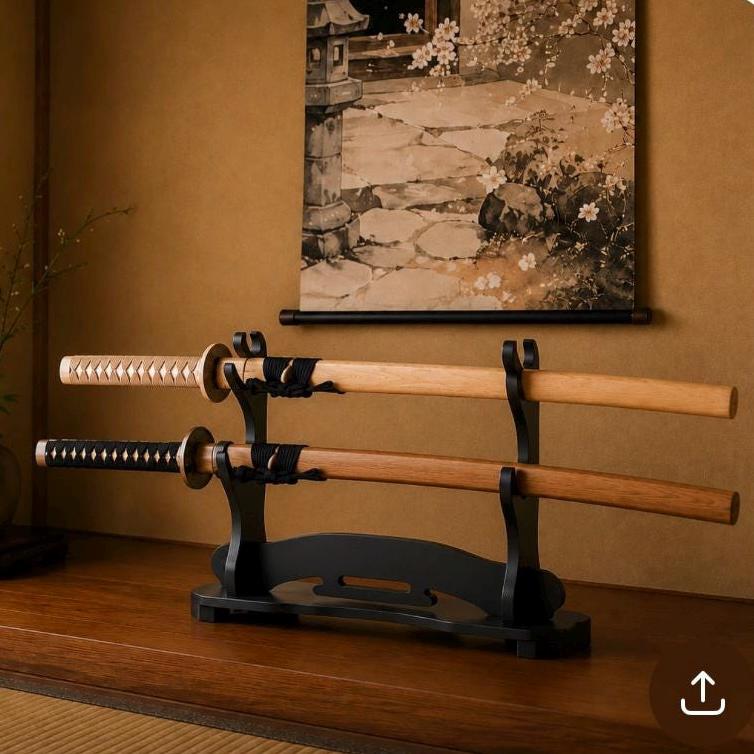 Wooden Katana Double Sword Stand - Matte Black Tachi Kake Display
