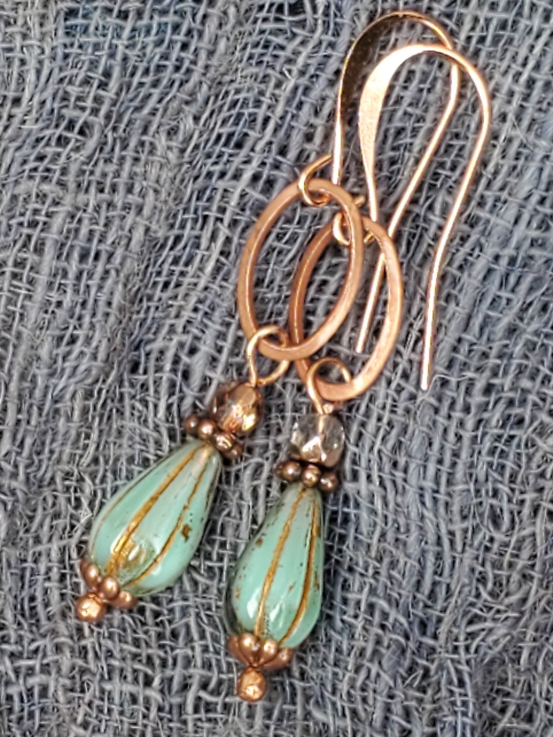 Antique Copper and Mint Green Melon Czech Glass Teardrop Earring Etsy