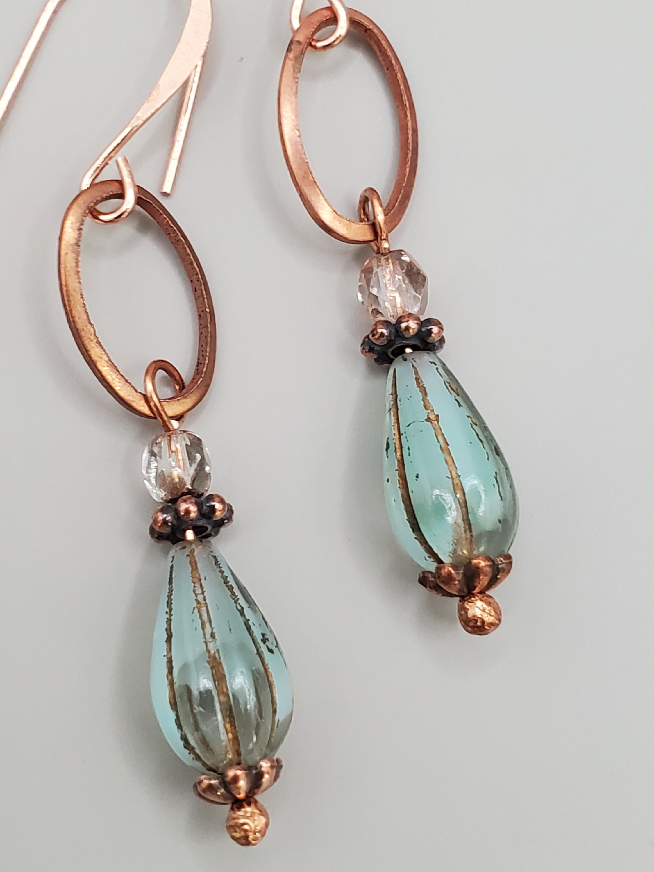 Antique Copper and Mint Green Melon Czech Glass Teardrop Etsy