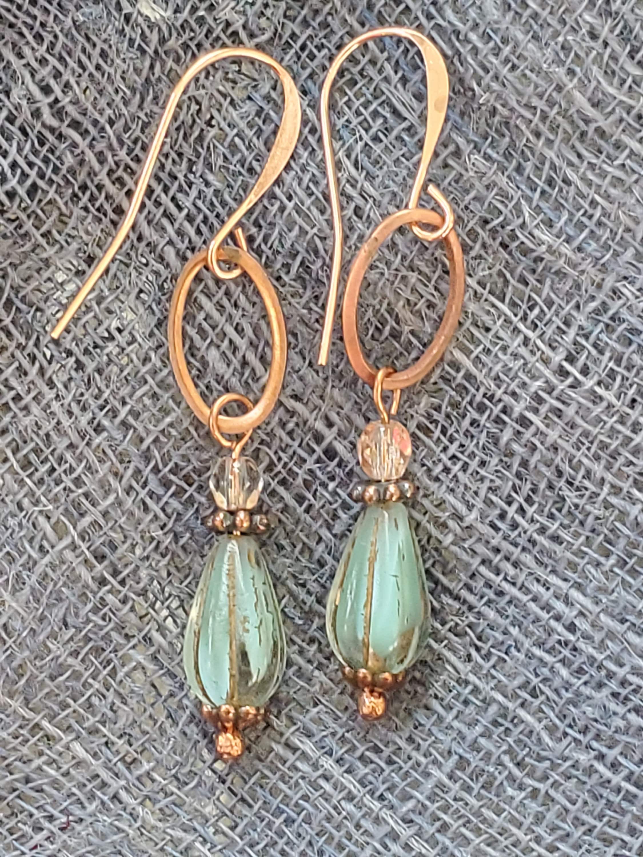 Antique Copper and Mint Green Melon Czech Glass Teardrop Etsy