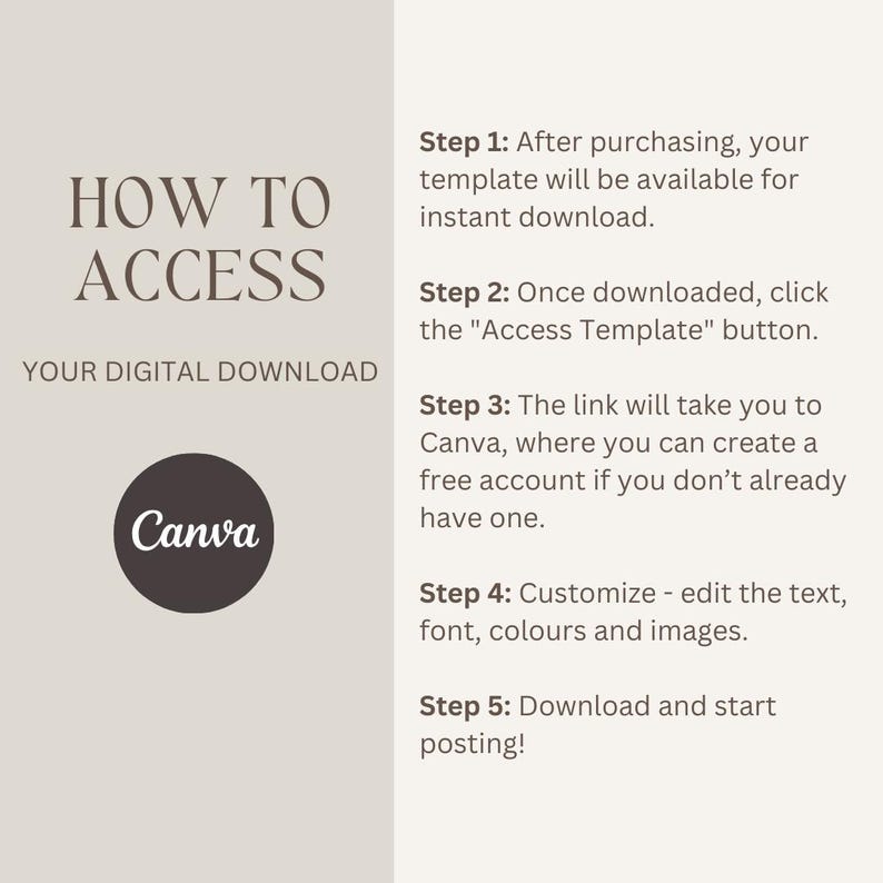 May include: A beige and brown graphic with the text "HOW TO ACCESS YOUR DIGITAL DOWNLOAD" and a Canva logo. The graphic provides instructions on how to access a digital download, including downloading, clicking the "Access Template" button, and customizing the template.