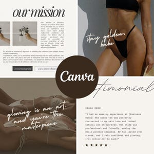 May include: A testimonial for a spray tan business with the text "I had an amazing experience at [Business Name]! The spray tan was perfectly customized to my skin tone and looked natural and streak-free. The staff was professional and friendly, making the whole process seamless. My tan lasted over a week, and I felt confident and glowing. I'll definitely be back!"  The testimonial is accompanied by a five-star rating.