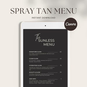Puede incluir: Un menú digital de bronceado en spray con el texto "SPRAY TAN MENU" y "INSTANT DOWNLOAD". El menú incluye opciones como Signature Glow, Clear Glow, Hydration Glow y Sculpt & Glow. El logotipo de Canva está en la esquina superior derecha.
