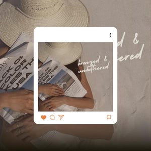 May include: A woman wearing a straw hat is lying on a sandy beach, holding a newspaper. The text on the newspaper reads "Back of the Color of the USA". The image is framed with a white Instagram-style border and has a caption that reads "bronzed & unbothered".