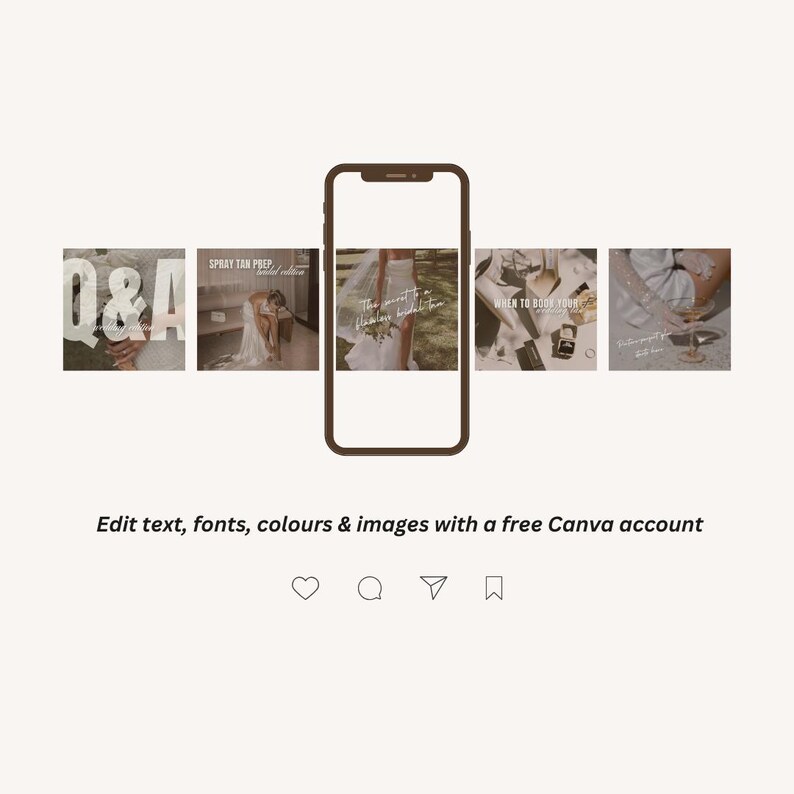 Peut inclure: Un &eacute;cran de t&eacute;l&eacute;phone affichant cinq mod&egrave;les d'histoires Instagram avec du texte qui dit "Q&A", "Pr&eacute;paration au bronzage par pulv&eacute;risation", "Le secret d'une application impeccable", "Quand r&eacute;server votre", et "Pr&eacute;paration au bronzage pour un bronzage impeccable".