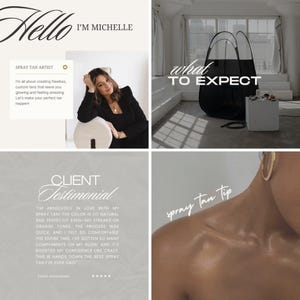May include: A collage of four images promoting spray tanning services. The first image shows a woman sitting in a chair with the text "Hello I'm Michelle Spray Tan Artist" and a description of the services offered. The second image shows a spray tanning booth with the text "What to Expect". The third image shows a client testimonial about the spray tan services. The fourth image shows a close-up of a person's shoulder with the text "Spray Tan Tip".