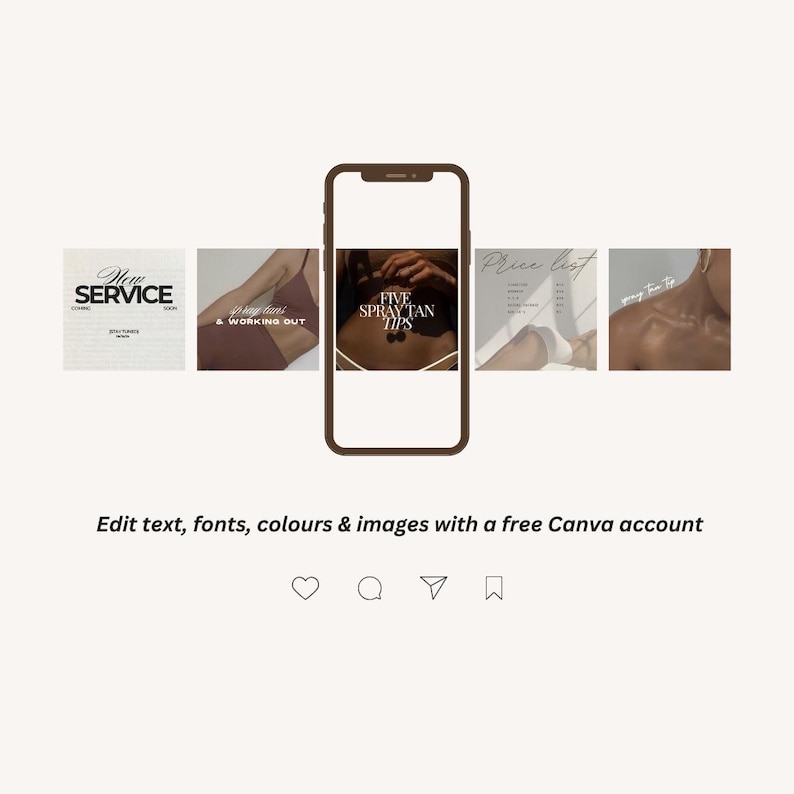 May include: A mobile phone screen displaying five Instagram story graphics. The graphics are about a new service, working out, spray tan tips, a price list, and a close-up of a person's shoulder. The text on the graphics reads "New Service", "& Working Out", "Five Spray Tan Tips", "Price List", and "Spray Tan Tips".