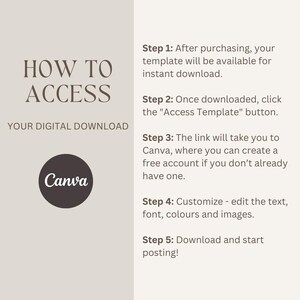 Peut inclure: Un graphique beige et brun avec le texte "HOW TO ACCESS YOUR DIGITAL DOWNLOAD" et un logo Canva. Le graphique fournit des instructions sur la fa&ccedil;on d'acc&eacute;der &agrave; un t&eacute;l&eacute;chargement num&eacute;rique, y compris les &eacute;tapes pour t&eacute;l&eacute;charger, ouvrir dans Canva, personnaliser et t&eacute;l&eacute;charger le produit final.