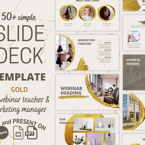 Könnte beinhalten: Eine gold-weiße Präsentationsvorlage mit dem Text "50+ simple slide deck template gold for webinar teacher & marketing manager" und Bildern von Personen, Produkten und einer Zeitleiste.