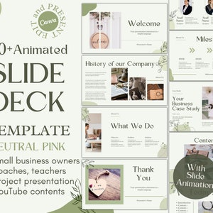 May include: A green and pink presentation template with the text "50+ Animated Slide Deck Template Neutral Pink" and a list of uses for the template: small business owners, coaches, teachers, project presentations, and YouTube content.
