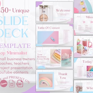 May include: A colourful presentation template with the text "50+ Unique Slide Deck Template Pop Minimalist" and a list of uses for the template, including small business owners, coaches, teachers, project presentations, and YouTube content. The template can be edited and presented on Canva and PPT.