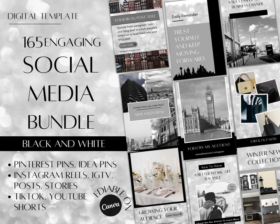 Black and White Modern Social Media Bundle Canva Template Pinterest ...