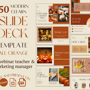 Puede incluir: Un conjunto de 50 plantillas de diapositivas modernas y limpias en colores naranja otoñales. Las plantillas están diseñadas para profesores de seminarios web y gerentes de marketing. Las plantillas se pueden editar y presentar en Canva o PowerPoint.