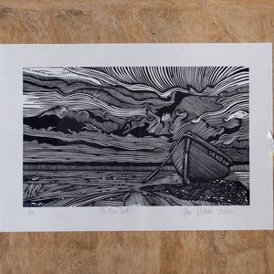 Blue Boat Linocut Print, Fine Art Print, Print, Art, Hand Printed, Limited edition of 10