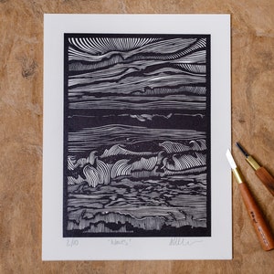 Golven-linosnedeprint, Fine Art-print, Kunst, afdrukken, Handgedrukt, Gelimiteerde oplage van 10
