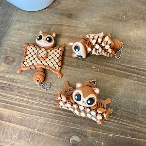 May include: Three brown and tan squirrel-shaped keychains with large, expressive eyes. One keychain is flat, with a net-like pattern. The other two are in a curled-up position, with a textured design. Each keychain has a silver chain.