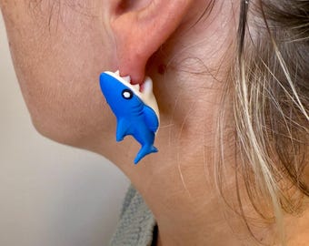 Shark Chomper Earrings | Cute Shark Dangle Jewelry | Ocean Animal Statement Earrings | Shark Lover Gift | Hypoallergenic