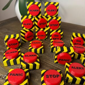 Funny Panic Clicker - Mechanical Key Switch Fidget - Striped Yellow & Black - Custom Red Button - Alert Alarm Stop Keychain