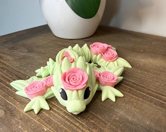 Rose Dragon Figurine | 8" 3D Printed Articulated Fantasy Dragon | Pink Rose and Green Leaf Desk Pet | Dragon Lover Gift