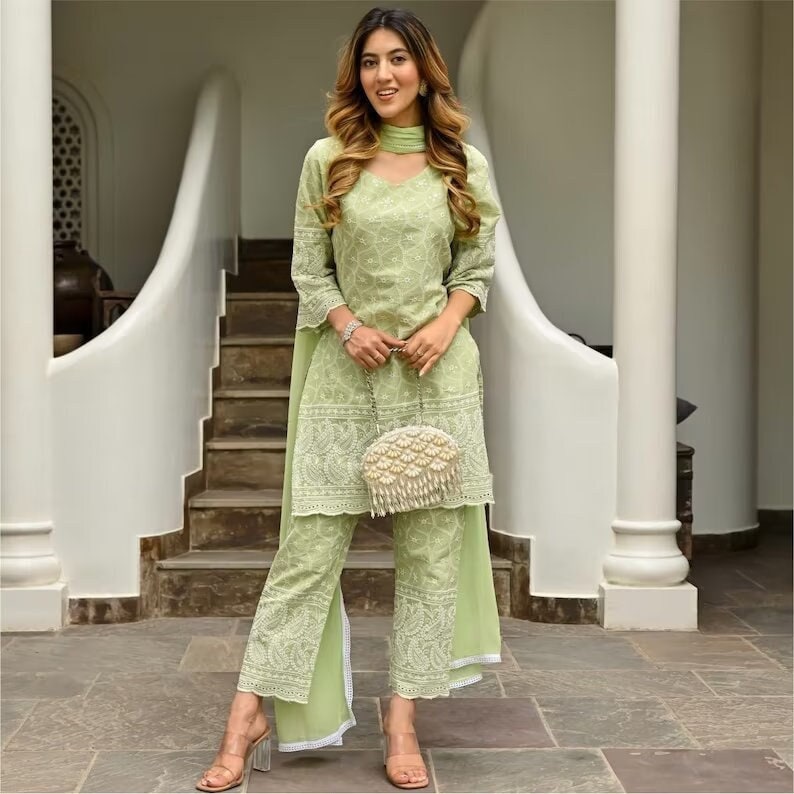 Cotton Green Chikankari Kurta Three Piece Set by the Indian Outfits ...