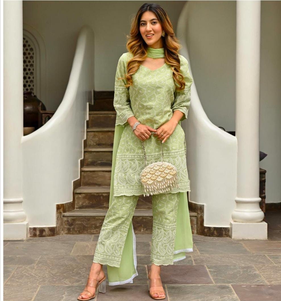 Cotton Green Chikankari Kurta Three Piece Set by the Indian Outfits ...
