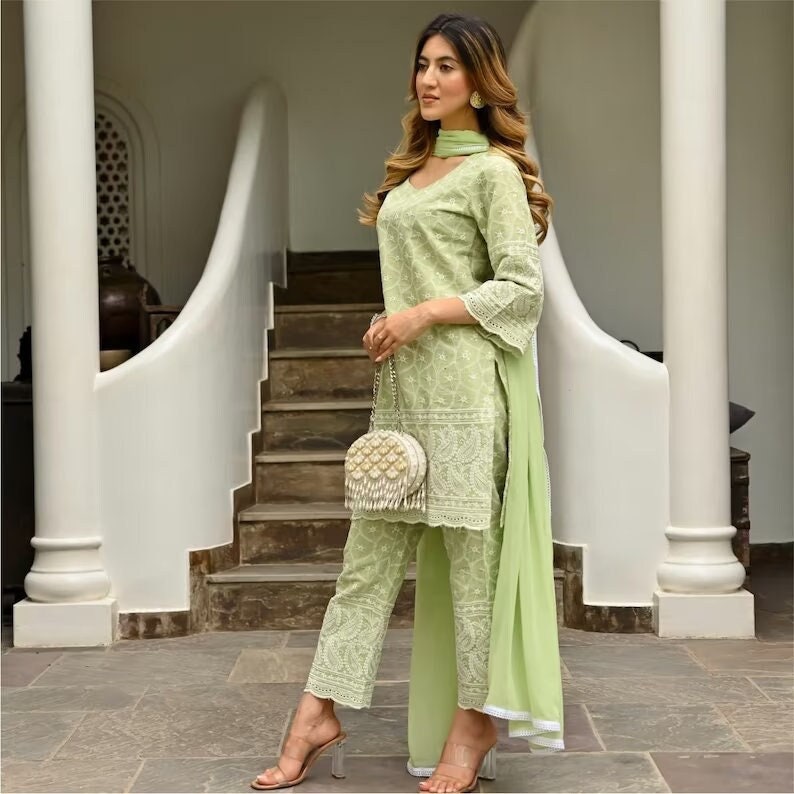 Cotton Green Chikankari Kurta Three Piece Set by the Indian Outfits ...