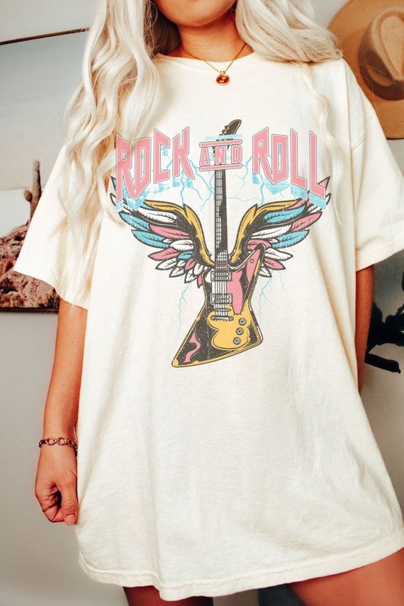 Rock N Roll Oversized Print Graphic Tee for Women Music 