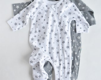 Organic 2 Pcs Baby Zippered Romper ,Grey - White,  Unisex, %100 Organic Cotton, GOTS certification, CSY5804