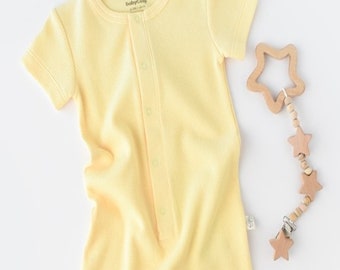 Organic  Baby Short Sleeve Romper, Light Yellow Color , Unisex, %100 Organic Cotton, GOTS certification, CSYW1016