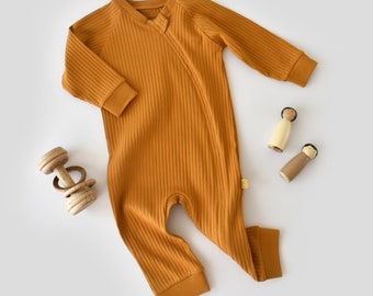 Organic  Baby Ribana Zippered Romper, Saffron , Unisex, %100 Organic Cotton, GOTS certification, CSYR4601