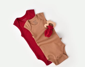 Organic 2 Pcs Baby Sleeveless Body Set, Brown - Red, Unisex, %100 Organic Cotton, GOTS certification, CSYM11111