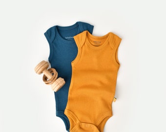 Organic 2 Pcs Baby Sleeveless Body Set, Petrol blue - Saffron, Unisex, %100 Organic Cotton, GOTS certification, CSYM11110