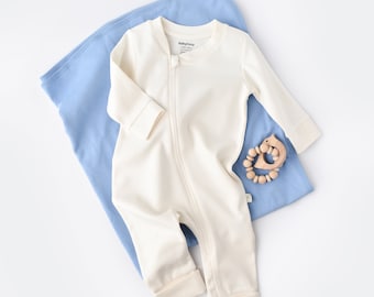 Organic  Baby Zippered Romper, Ecru Color , Unisex, %100 Organic Cotton, GOTS certification, CSY3034