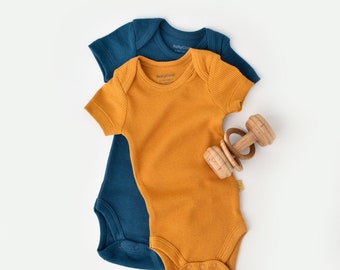 Organic 2 Pcs Baby Short Sleeve Body Set, Petrol blue - Saffron, Unisex, %100 Organic Cotton, GOTS certification, CSYM11210