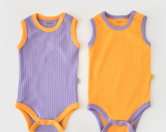 Organic Ribana 2 Pcs Baby Sleeveless Body Set, Yellow - Purple, Unisex, %100 Organic Cotton, GOTS certification, CSYR4102