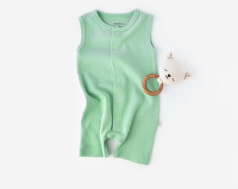 Organic  Baby Sleeveless Romper, Mint Green Color , Unisex, %100 Organic Cotton, GOTS certification, CSYW1007