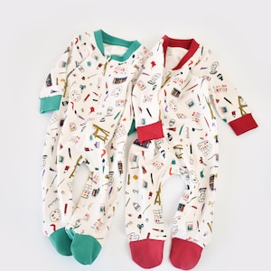 Organic 2 Pcs Baby Romper Zippered Footed ,Red Green, Unisex, %100 Organic Cotton, GOTS certification, CSY5812 image 1