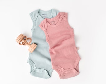 Organic 2 Pcs Baby Sleeveless Body Set, Mint Green - Rose, Unisex, %100 Organic Cotton, GOTS certification, CSYM11108