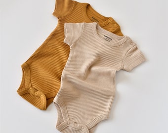 Organic 2 Pcs Baby Short sleeve Body Set, Mustard - Salmon, Unisex, %100 Organic Cotton, GOTS certification, CSYM112044