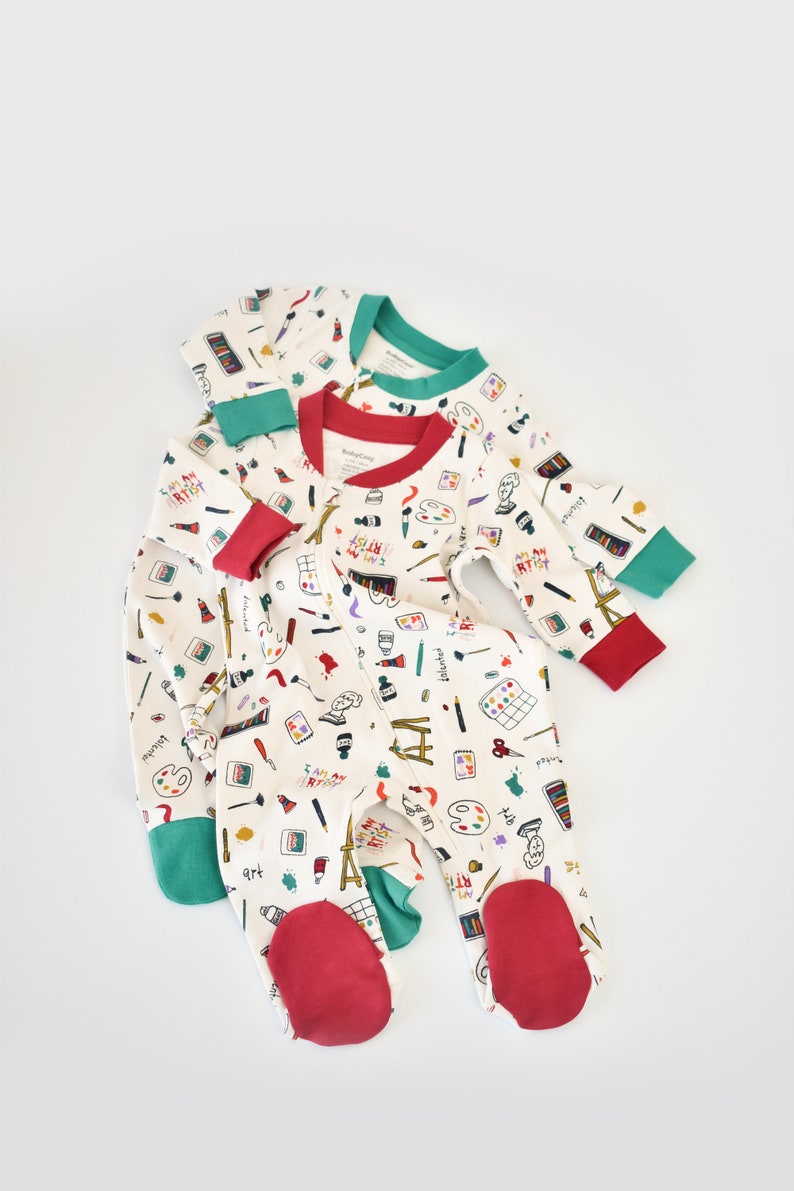 Organic 2 Pcs Baby Romper Zippered Footed ,Red Green, Unisex, %100 Organic Cotton, GOTS certification, CSY5812 image 5