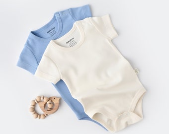 Organic 2 Pcs Baby Short Sleeve Body Set, Ecru - Blue, Unisex, %100 Organic Cotton, GOTS certification, CSY3021