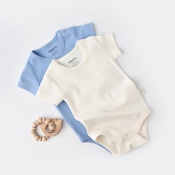 Organic 2 Pcs Baby Short Sleeve Body Set, Ecru - Blue, Unisex, %100 Organic Cotton, GOTS certification, CSY3021