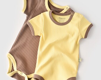 Organic Ribana 2 Pcs Baby Short Sleeve Body Set, Vanilla - Brown, Unisex, %100 Organic Cotton, GOTS certification, CSYR4203