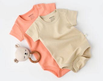 Organic 2 Pcs Baby Short Sleeve Body Set, Light Pink - Cream, Unisex, %100 Organic Cotton, GOTS certification, CSY3022