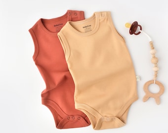 Organic 2 Pcs Baby Sleeveless Body Set, Mustard - Cinnamon, Unisex, %100 Organic Cotton, GOTS certification, CSY3020