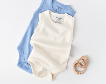 Organic 2 Pcs Baby Sleeveless Body Set, Blue - White, Unisex, %100 Organic Cotton, GOTS certification, CSY3018