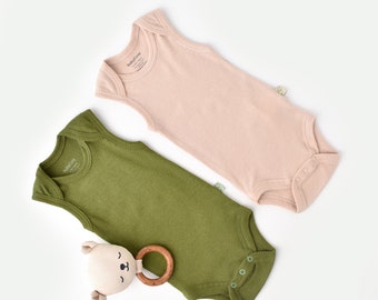 Organic 2 Pcs Baby Sleeveless Body Set, Green - Blush, Unisex, %100 Organic Cotton, GOTS certification, CSYM11112