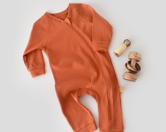 Organic  Baby Ribana Zippered Romper, Orange , Unisex, %100 Organic Cotton, GOTS certification, CSYR4605