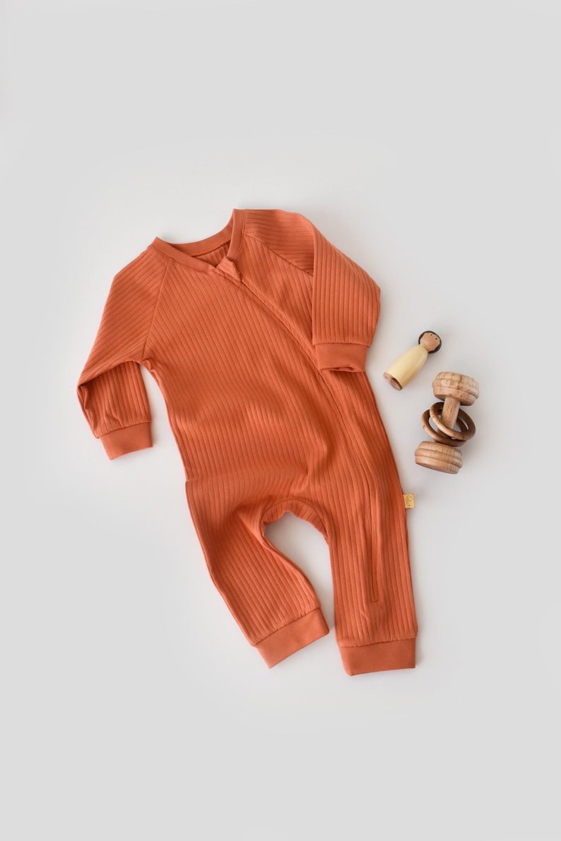 Organic Baby Ribana Zippered Romper, Orange , Unisex, %100 Organic Cotton, GOTS certification, CSYR4605 image 1